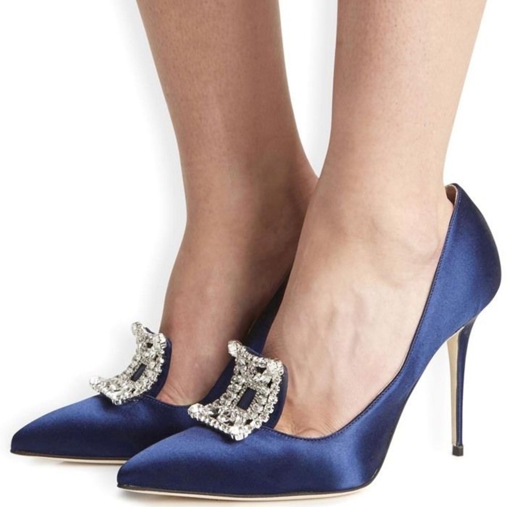 Manolo Blahnik Navy Satin Heels with Crystal Detail
